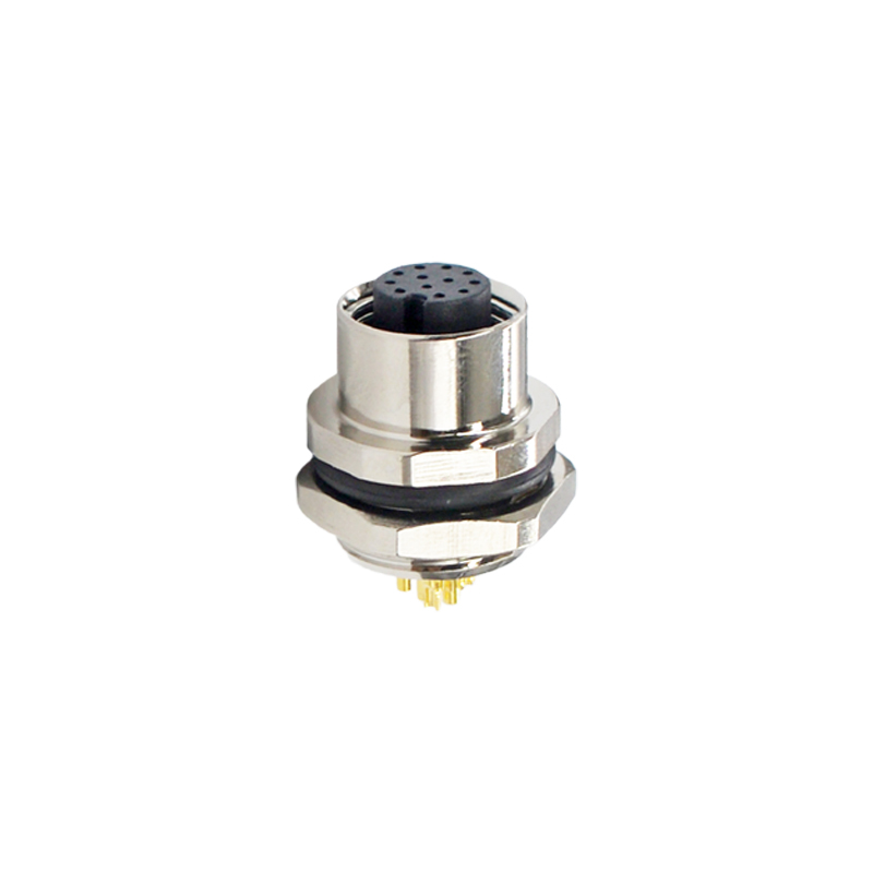 M12 12pins A code female straight rear panel mount connector PG9 thread,unshielded,solder,brass with nickel plated shell